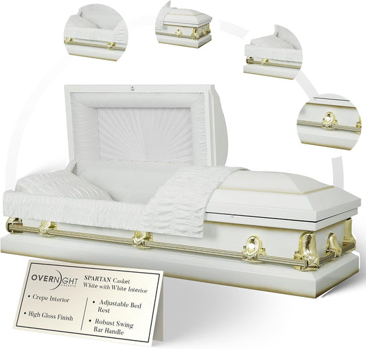 Overnight Caskets Spartan Collection Funeral Casket White with White Interior - 20 Gauge Steel - Fully Appointed Adult Casket - Coffin Featuring a Crepe Interior Lining with Pillow and Throw Set