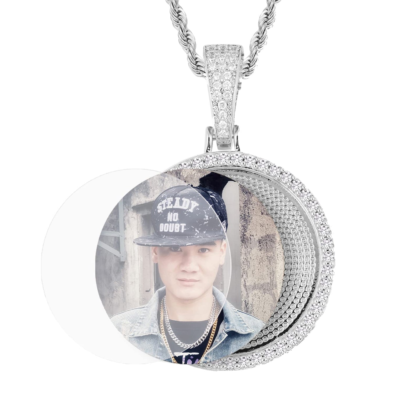 YIMERAIRE Personalized Picture Pendant Necklace Blank Picture Pendant Charm Iced Out Round Angel Wings Pendant with Rope Chain for Women and Men