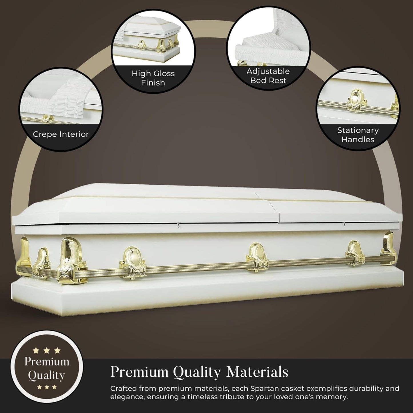 Overnight Caskets Spartan Collection Funeral Casket White with White Interior - 20 Gauge Steel - Fully Appointed Adult Casket - Coffin Featuring a Crepe Interior Lining with Pillow and Throw Set