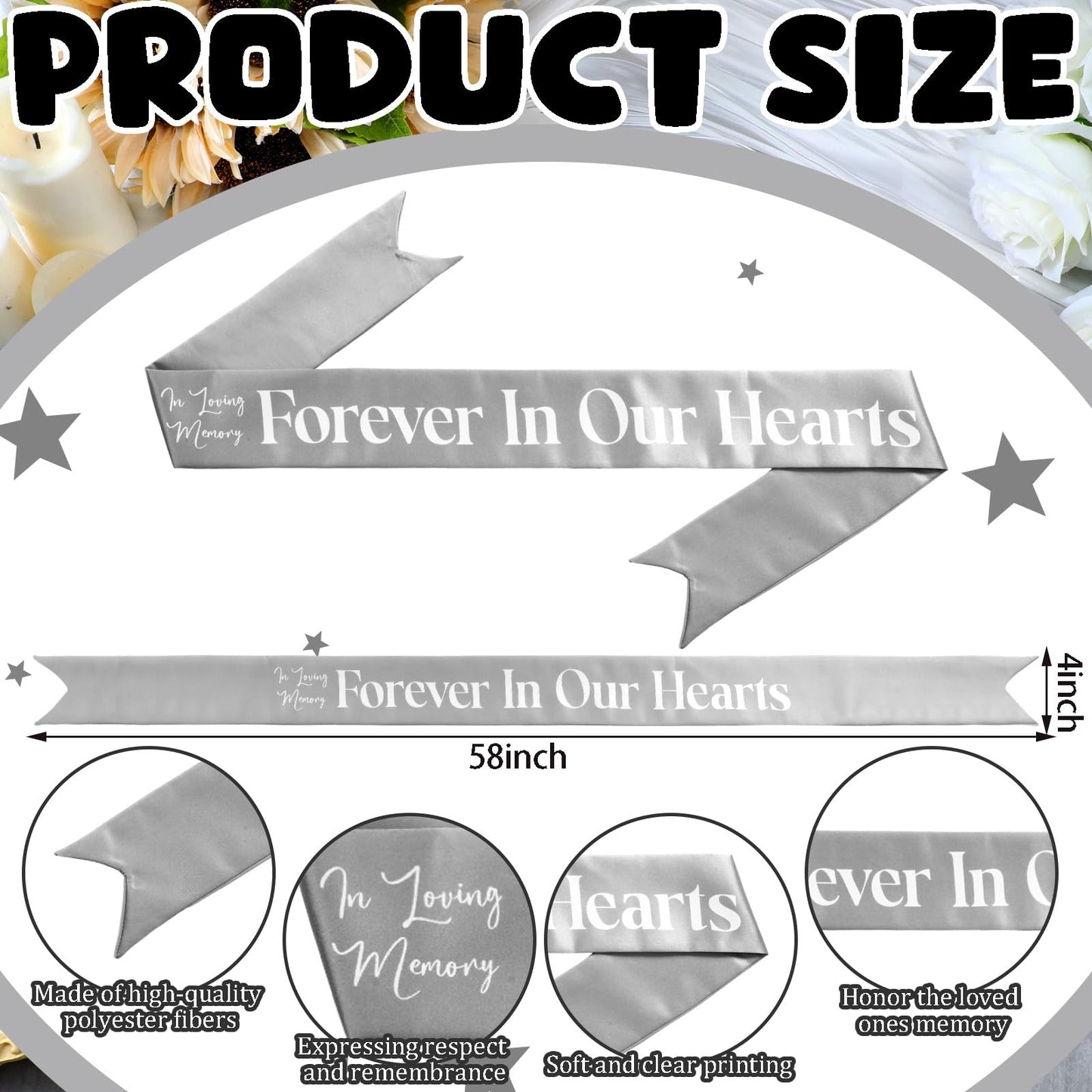 Funeral Sash Memorial Wreath Sash Funeral Ribbon Celebration of Life Ribbon for Casket or Wreath Flowers Memorial Service Honor The Loved Ones Memory 58x4''(White,Forever in Our Hearts)