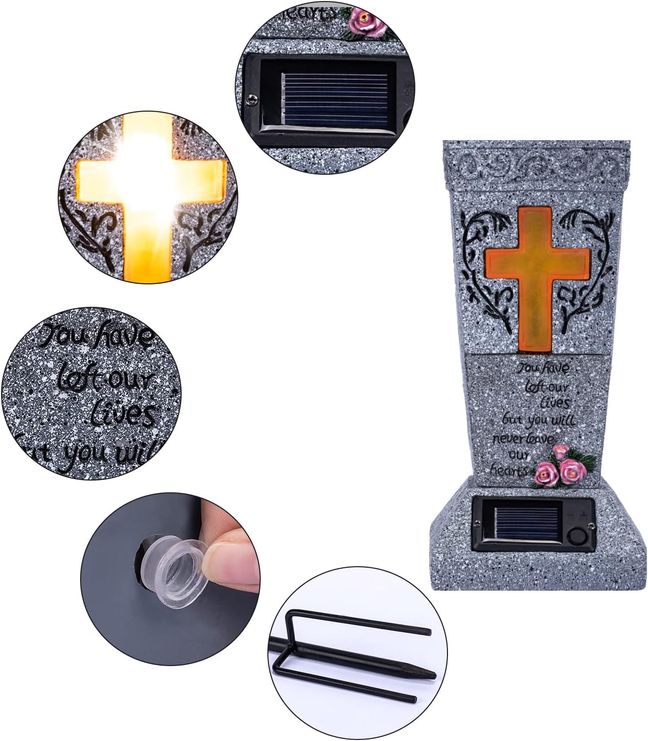 Solar Cemetery Grave Vase with LED for Fresh/Artificial Flowers Headstones Vases with Spikes Gravestone Decor Memorial Gifts for Loss of Loved One