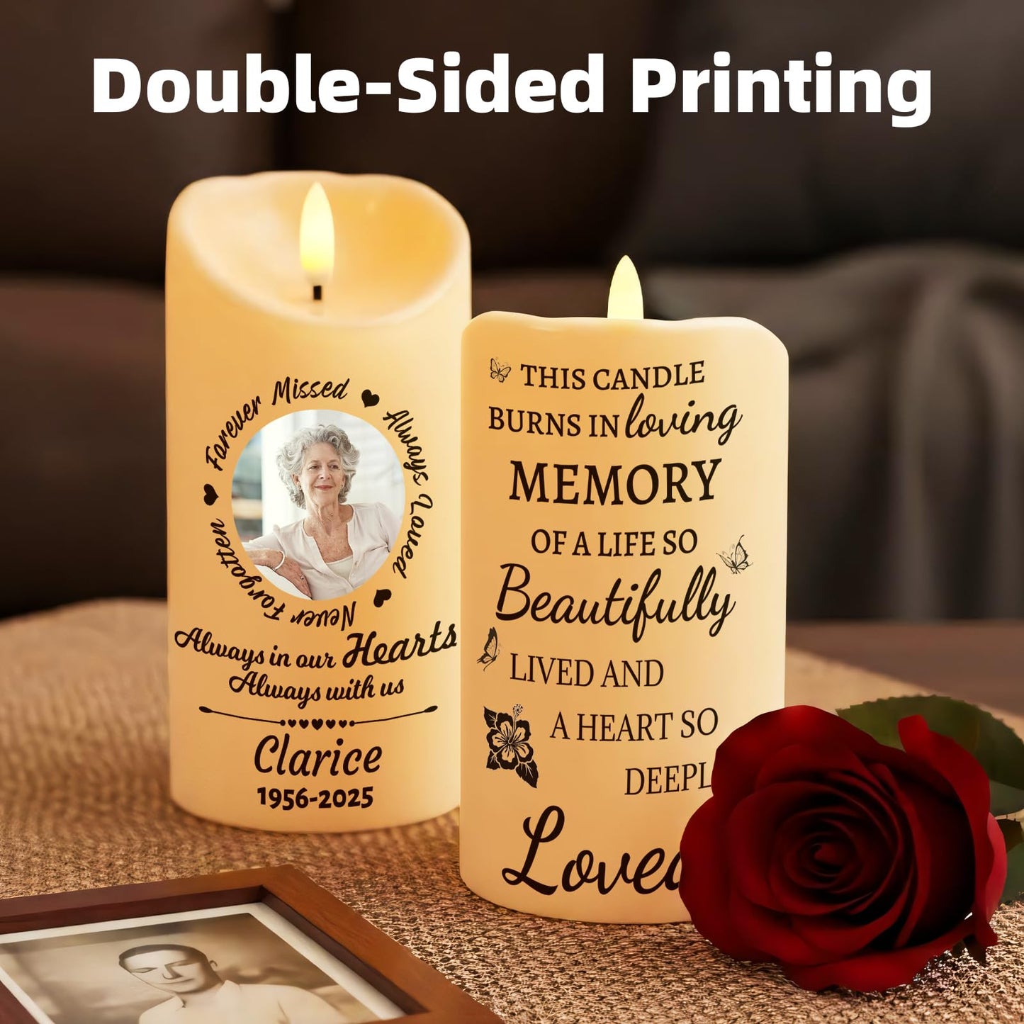 Personalized Memorial Candles for Loss of Loved One, Custom Memorial Flamless LED Candle with Photo Name, Sympathy Gifts for Loss of Mom Dad Deceased