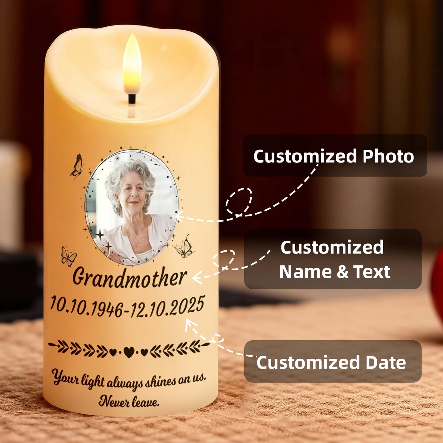 Personalized Memorial Candles for Loss of Loved One, Custom Memorial Flamless LED Candle with Photo Name, Sympathy Gifts for Loss of Mom Dad Deceased