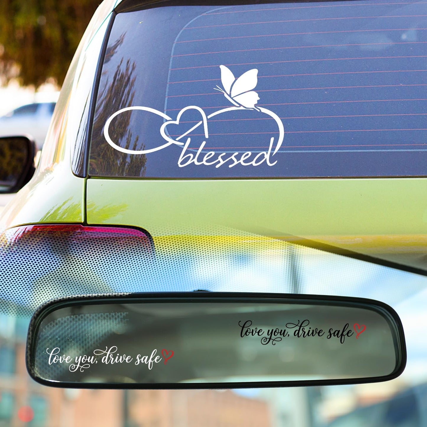 3PCS Car Stickers, Cute Car Accessories,Infinity Heart Love You Drive Safe Rearview Mirror Decals,Waterproof Vinyl Exterior Decoration for New Driver Gift,Women & Family (Pink)