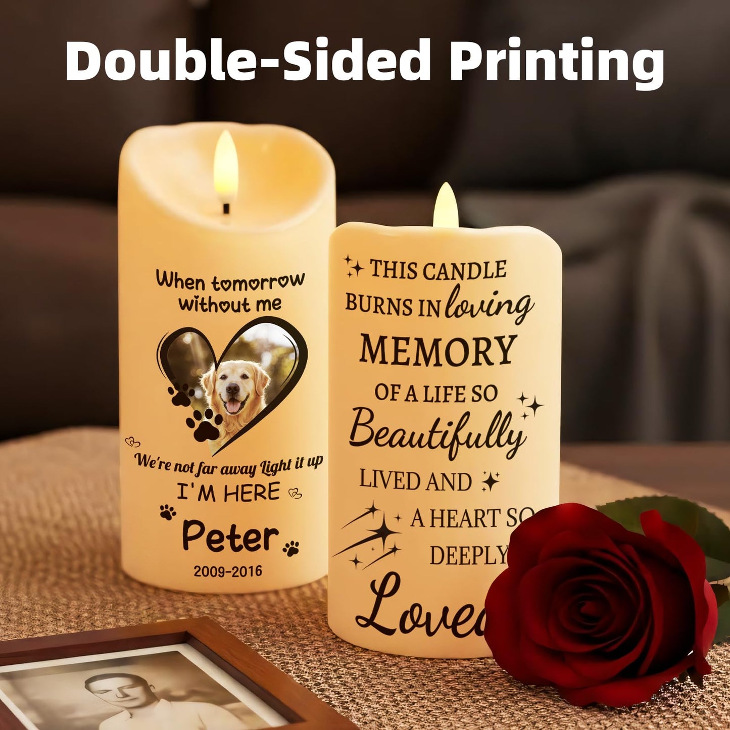Personalized Memorial Candles for Loss of Loved One, Custom Memorial Flamless LED Candle with Photo Name, Sympathy Gifts for Loss of Mom Dad Deceased