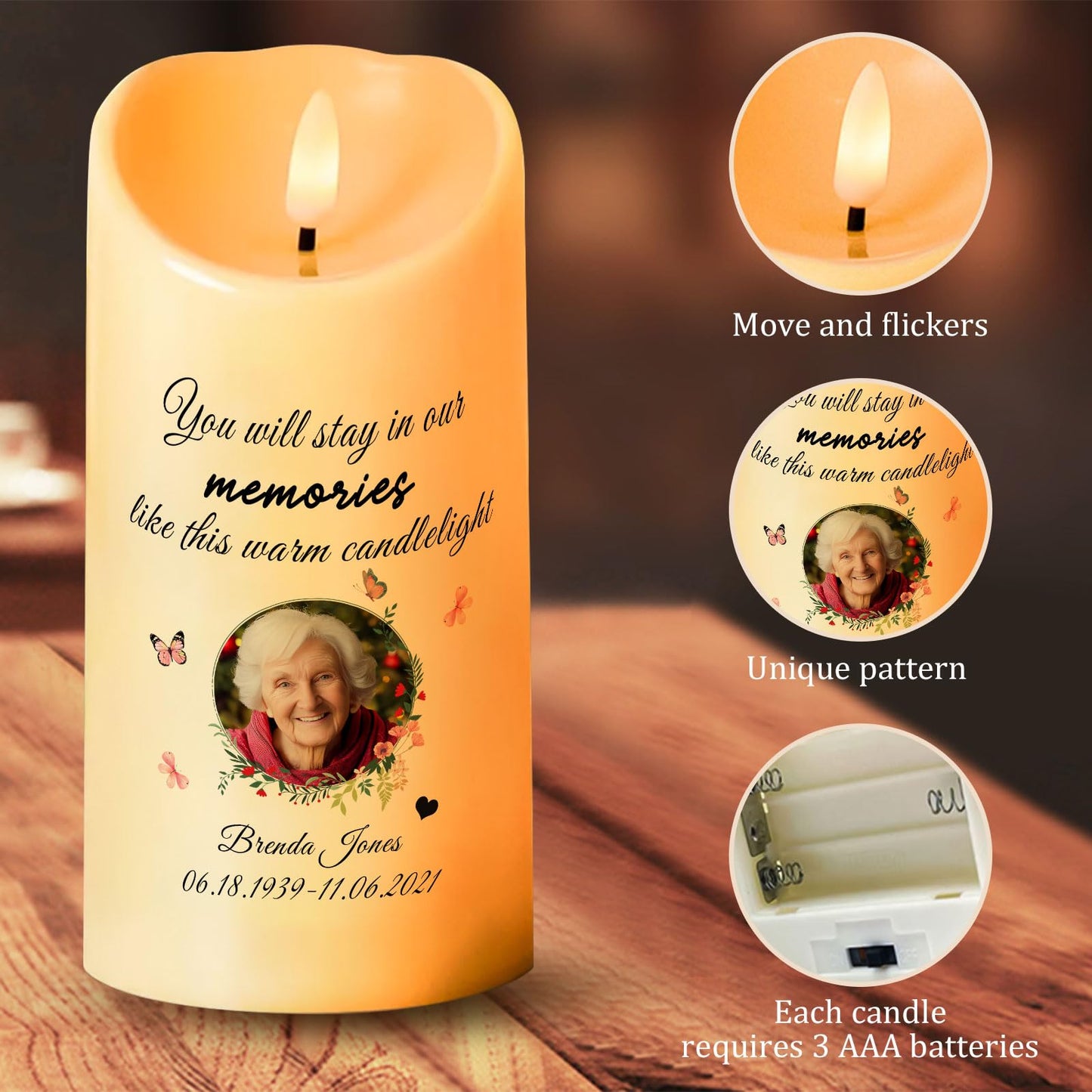 Personalized Photo 3D LED Candles Bereavement Gift Idea Custom Flameless Candles for Loss of Loved One Dad Mom Husband Wife Friend