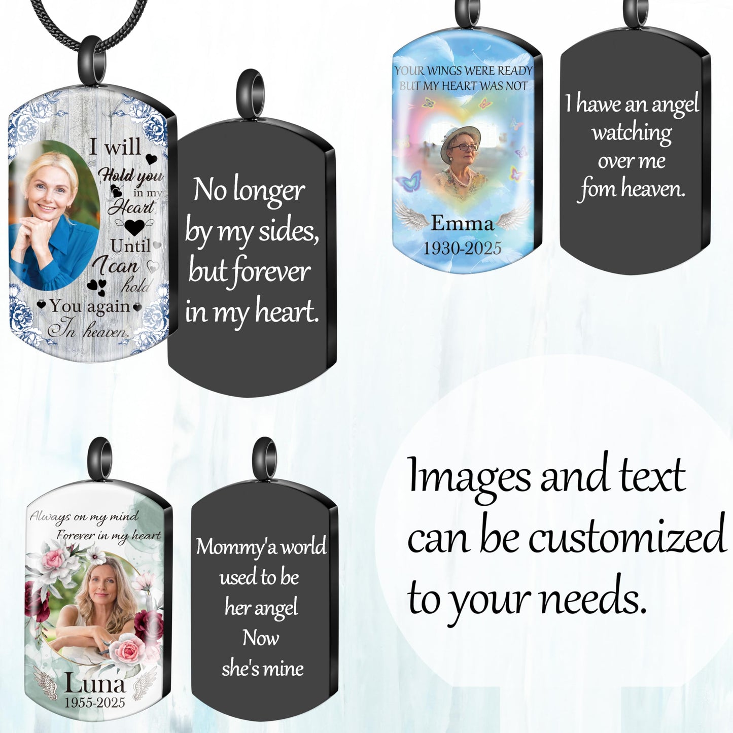Fanery Sue Personalized Ashes Necklace for Women Men Custom Engraving Photo & Text Cremation Jewelry Urn Necklace for Ashes Memorial Keepsake for Loss Loved One