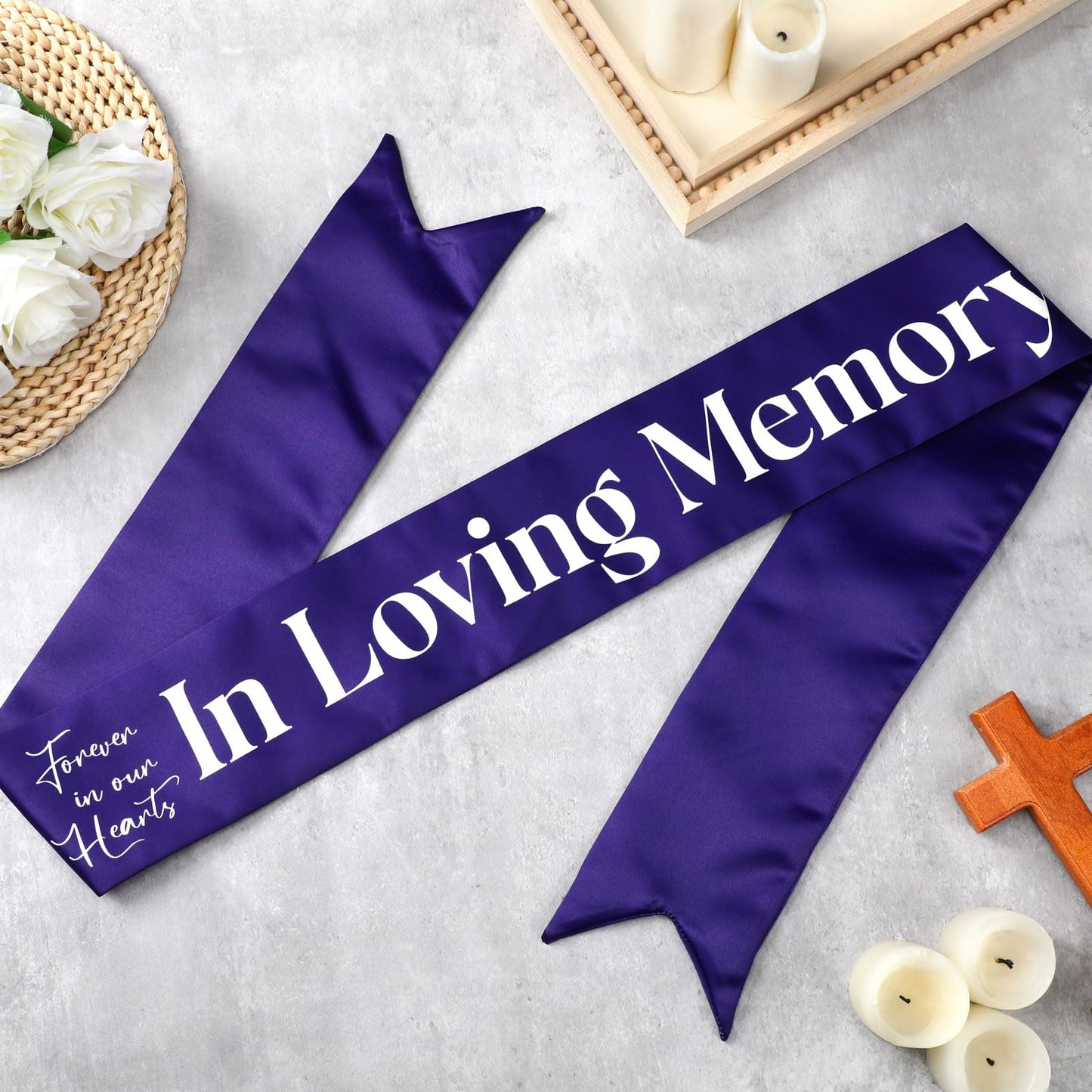 Funeral Sash Memorial Wreath Sash Funeral Ribbon Celebration of Life Ribbon for Casket or Wreath Flowers Memorial Service Honor The Loved Ones Memory 58x4''(White,Forever in Our Hearts)