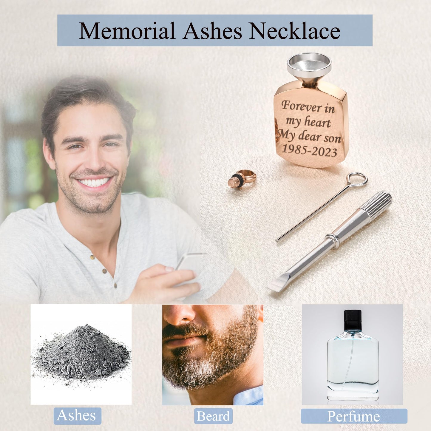 Fanery Sue Personalized Ashes Necklace for Women Men Custom Engraving Photo & Text Cremation Jewelry Urn Necklace for Ashes Memorial Keepsake for Loss Loved One