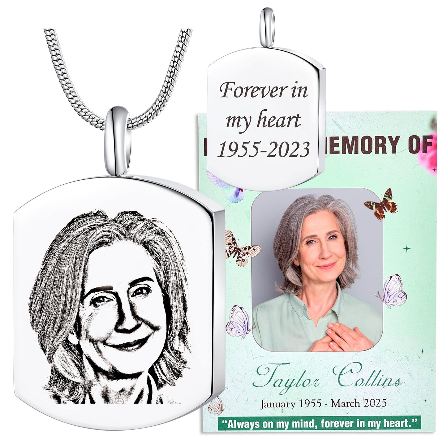 Fanery Sue Personalized Ashes Necklace for Women Men Custom Engraving Photo & Text Cremation Jewelry Urn Necklace for Ashes Memorial Keepsake for Loss Loved One