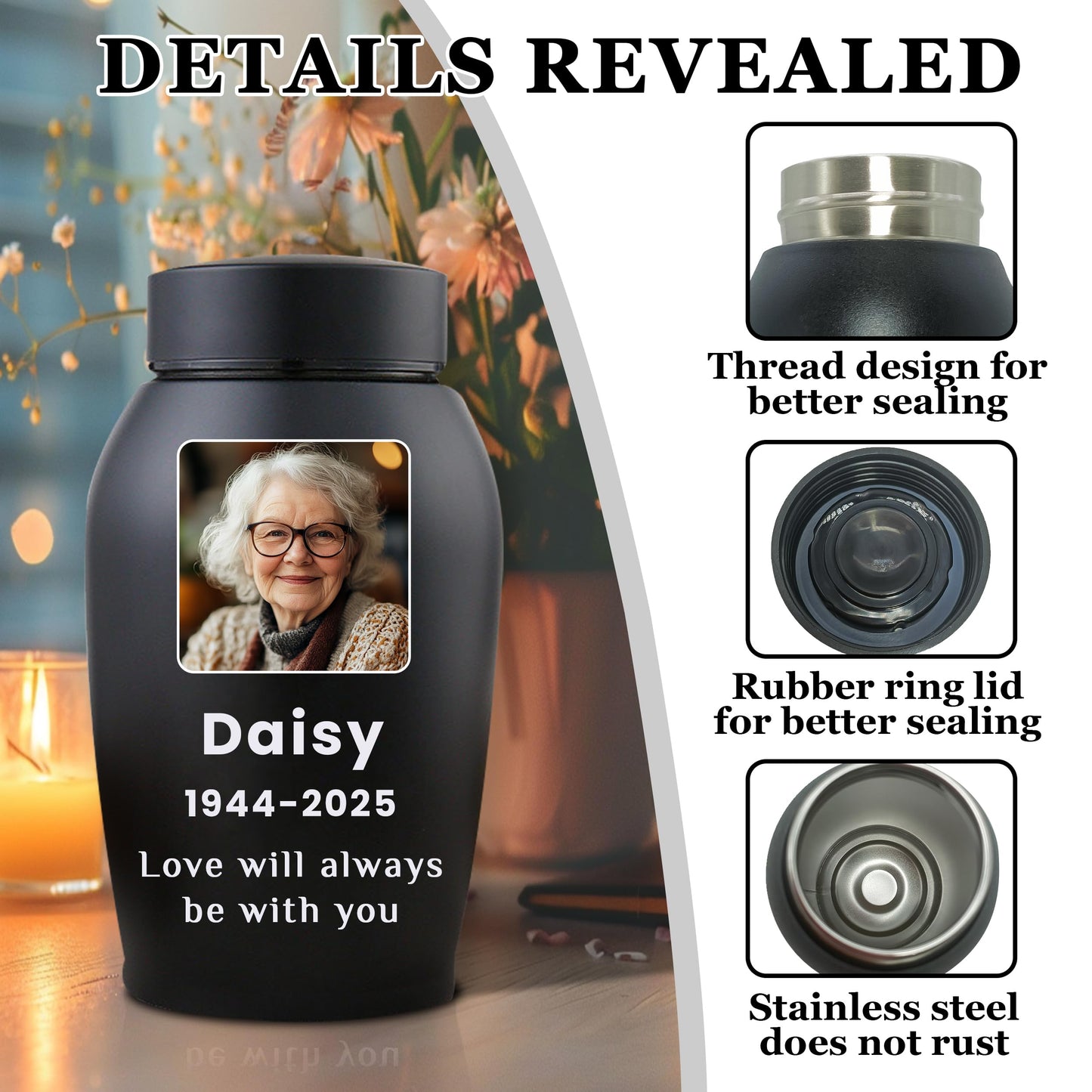 Personalized Cremation Urns for Human Ashes, Custom Name Photo Urns for Human Ashes Adult Female Male, Stainless Steel Keepsake Human Urns for Ashes Decorative Urn Ashes