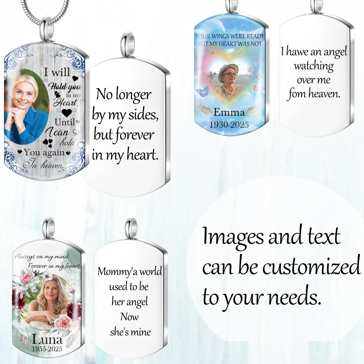 Fanery Sue Personalized Ashes Necklace for Women Men Custom Engraving Photo & Text Cremation Jewelry Urn Necklace for Ashes Memorial Keepsake for Loss Loved One