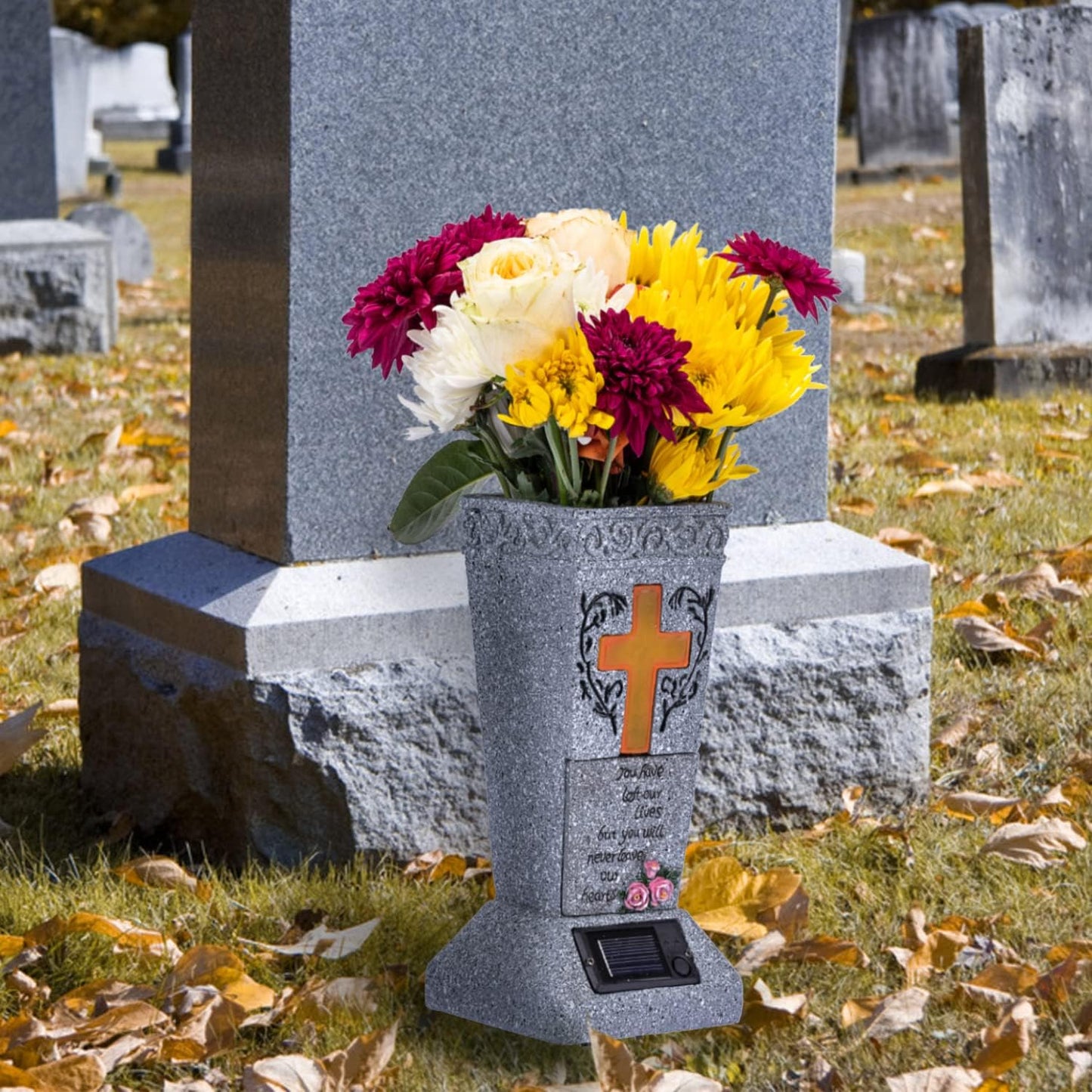 Solar Cemetery Grave Vase with LED for Fresh/Artificial Flowers Headstones Vases with Spikes Gravestone Decor Memorial Gifts for Loss of Loved One