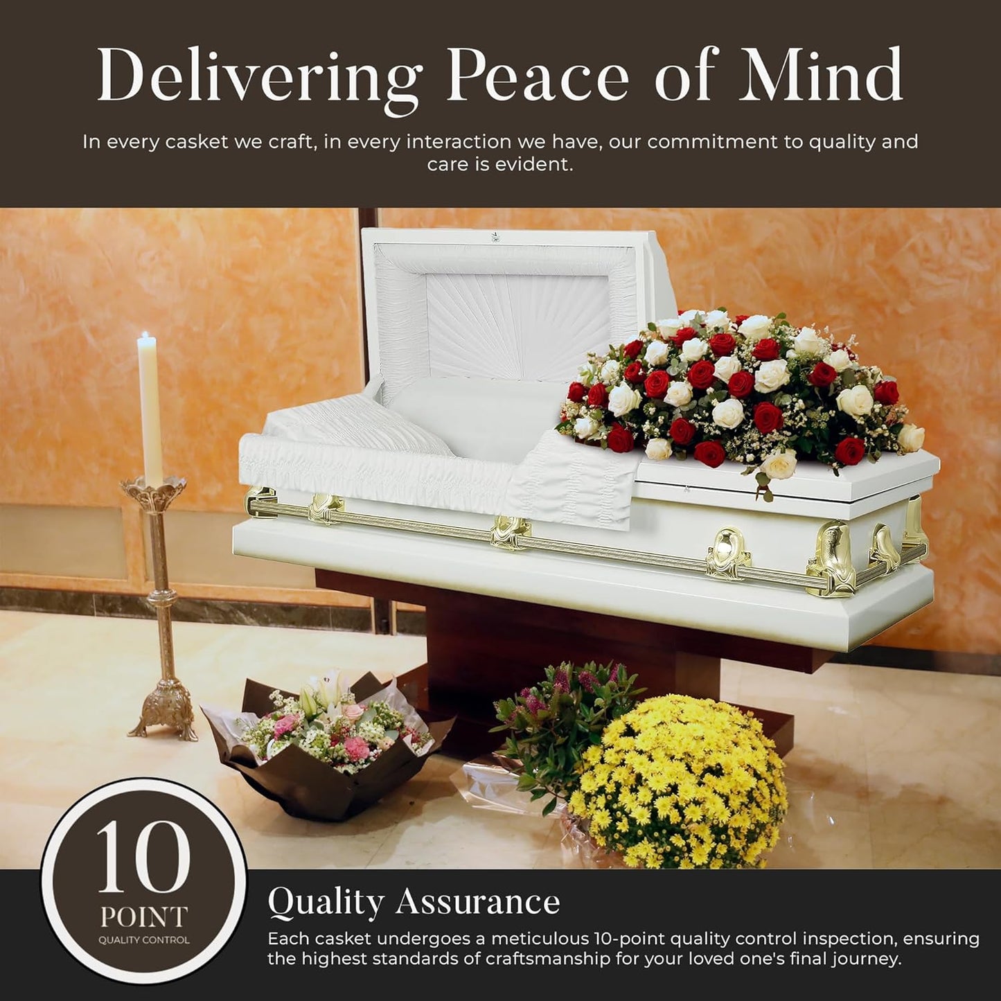Overnight Caskets Spartan Collection Funeral Casket White with White Interior - 20 Gauge Steel - Fully Appointed Adult Casket - Coffin Featuring a Crepe Interior Lining with Pillow and Throw Set