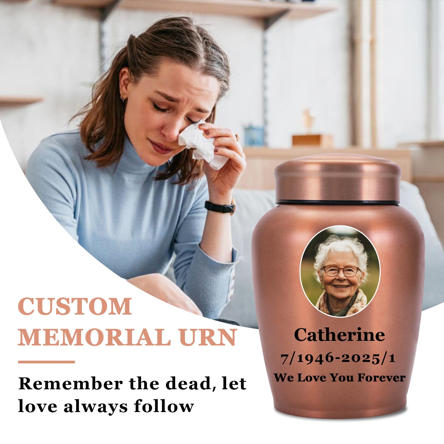 Personalized Cremation Urns for Human Ashes, Custom Name Photo Urns for Human Ashes Adult Female Male, Stainless Steel Keepsake Human Urns for Ashes Decorative Urn Ashes