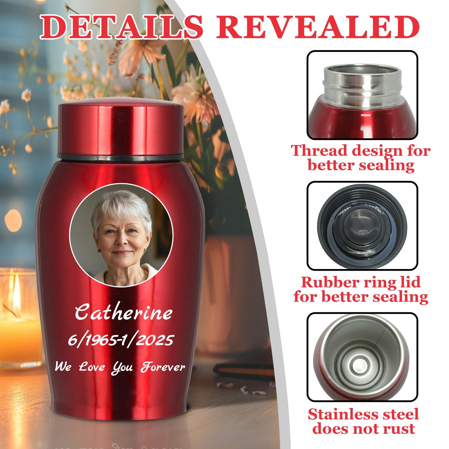 Personalized Cremation Urns for Human Ashes, Custom Name Photo Urns for Human Ashes Adult Female Male, Stainless Steel Keepsake Human Urns for Ashes Decorative Urn Ashes