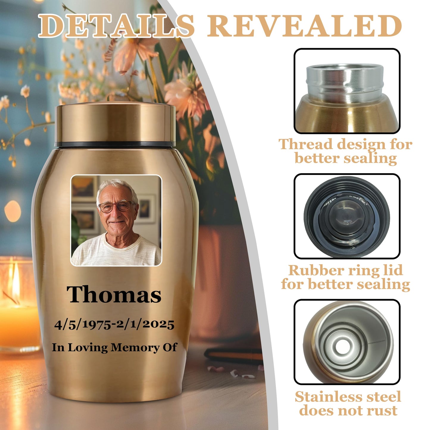 Personalized Cremation Urns for Human Ashes, Custom Name Photo Urns for Human Ashes Adult Female Male, Stainless Steel Keepsake Human Urns for Ashes Decorative Urn Ashes