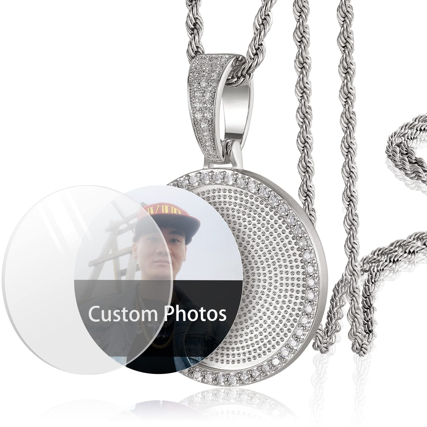 YIMERAIRE Personalized Picture Pendant Necklace Blank Picture Pendant Charm Iced Out Round Angel Wings Pendant with Rope Chain for Women and Men