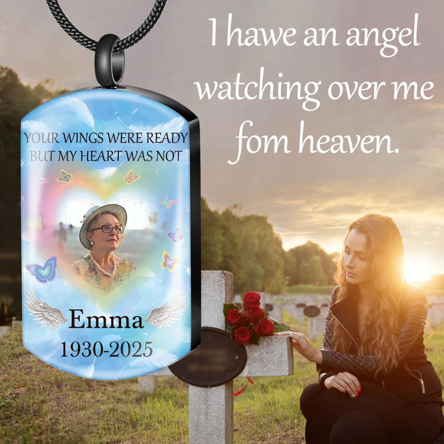Fanery Sue Personalized Ashes Necklace for Women Men Custom Engraving Photo & Text Cremation Jewelry Urn Necklace for Ashes Memorial Keepsake for Loss Loved One