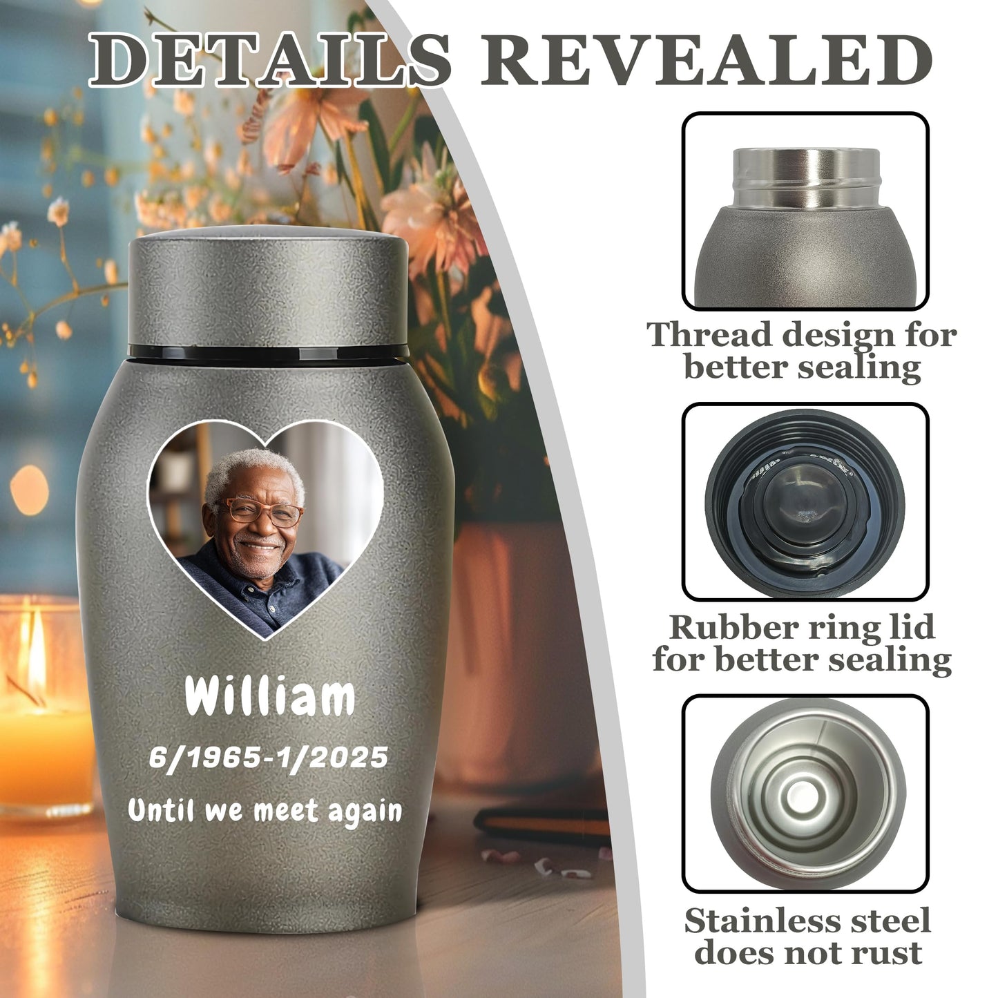 Personalized Cremation Urns for Human Ashes, Custom Name Photo Urns for Human Ashes Adult Female Male, Stainless Steel Keepsake Human Urns for Ashes Decorative Urn Ashes