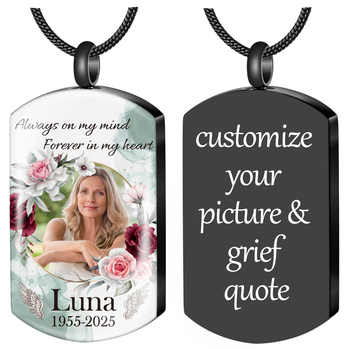 Fanery Sue Personalized Ashes Necklace for Women Men Custom Engraving Photo & Text Cremation Jewelry Urn Necklace for Ashes Memorial Keepsake for Loss Loved One