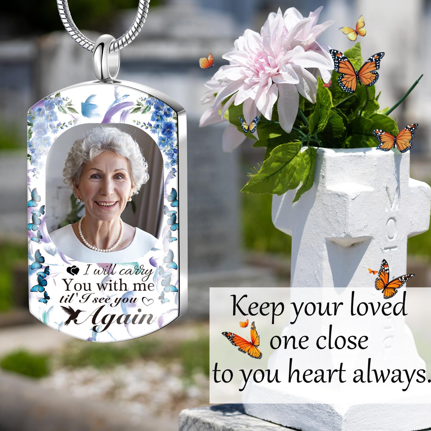 Fanery Sue Personalized Ashes Necklace for Women Men Custom Engraving Photo & Text Cremation Jewelry Urn Necklace for Ashes Memorial Keepsake for Loss Loved One