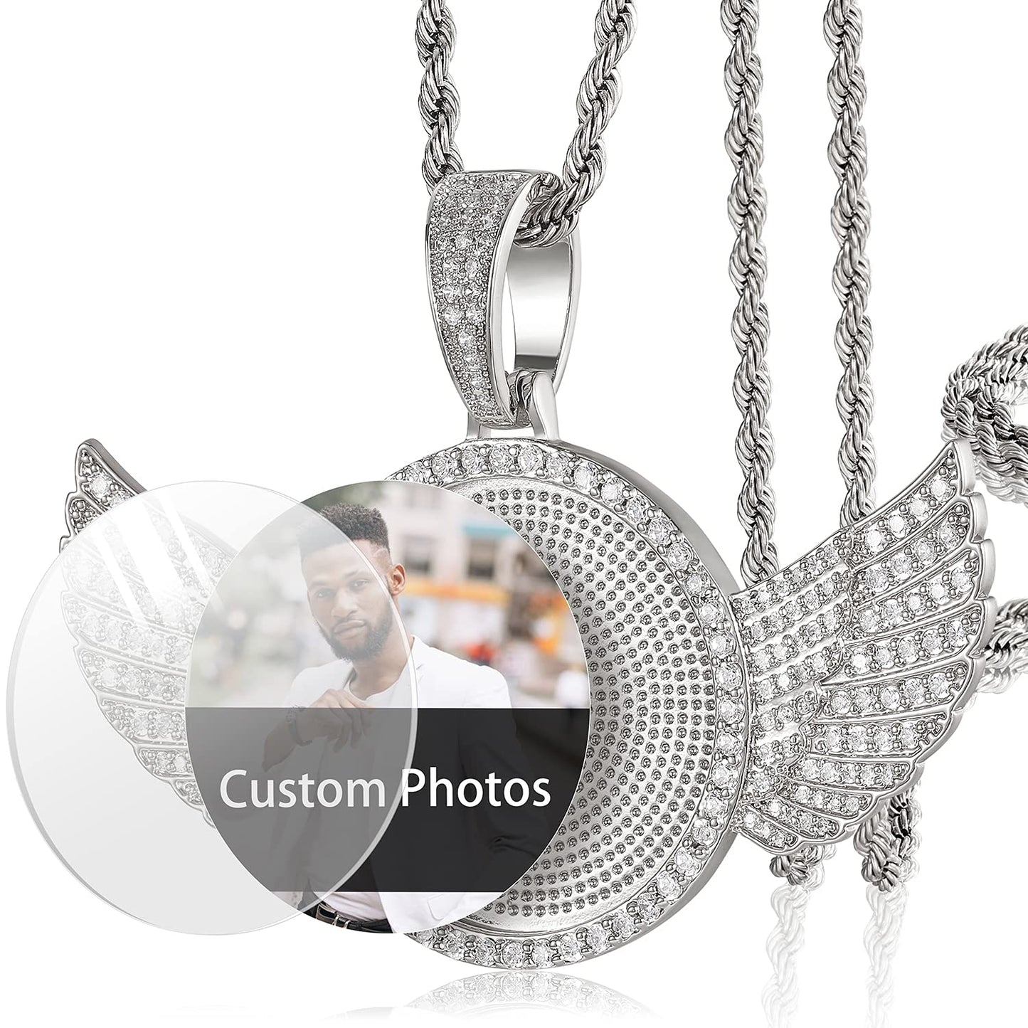 YIMERAIRE Personalized Picture Pendant Necklace Blank Picture Pendant Charm Iced Out Round Angel Wings Pendant with Rope Chain for Women and Men