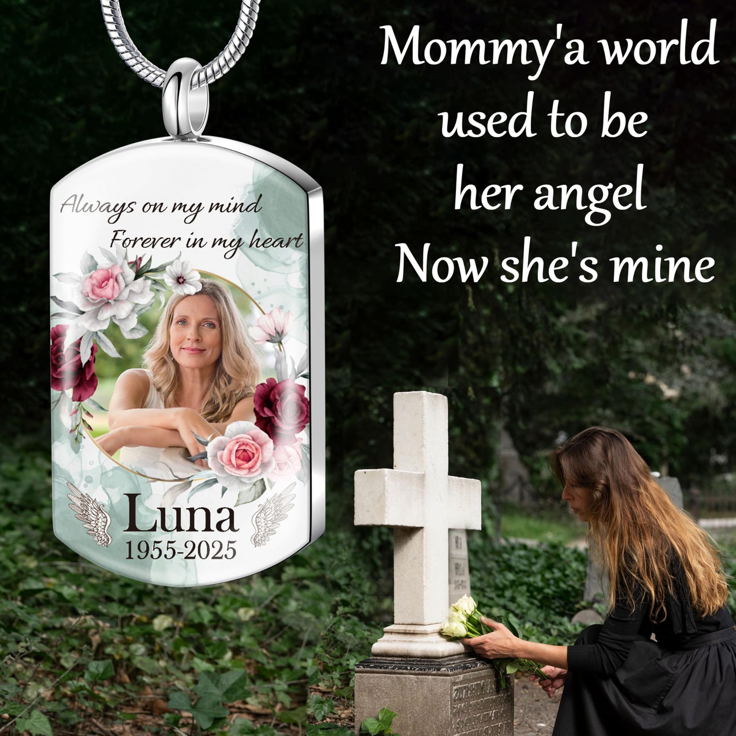 Fanery Sue Personalized Ashes Necklace for Women Men Custom Engraving Photo & Text Cremation Jewelry Urn Necklace for Ashes Memorial Keepsake for Loss Loved One