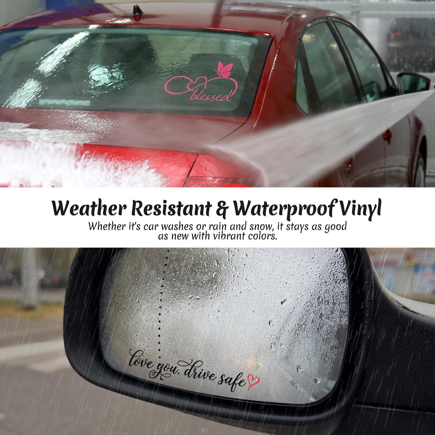 3PCS Car Stickers, Cute Car Accessories,Infinity Heart Love You Drive Safe Rearview Mirror Decals,Waterproof Vinyl Exterior Decoration for New Driver Gift,Women & Family (Pink)