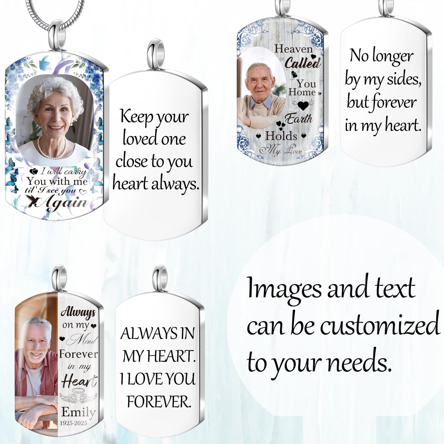 Fanery Sue Personalized Ashes Necklace for Women Men Custom Engraving Photo & Text Cremation Jewelry Urn Necklace for Ashes Memorial Keepsake for Loss Loved One