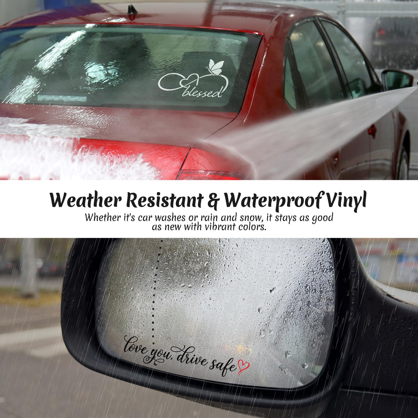 3PCS Car Stickers, Cute Car Accessories,Infinity Heart Love You Drive Safe Rearview Mirror Decals,Waterproof Vinyl Exterior Decoration for New Driver Gift,Women & Family (Pink)