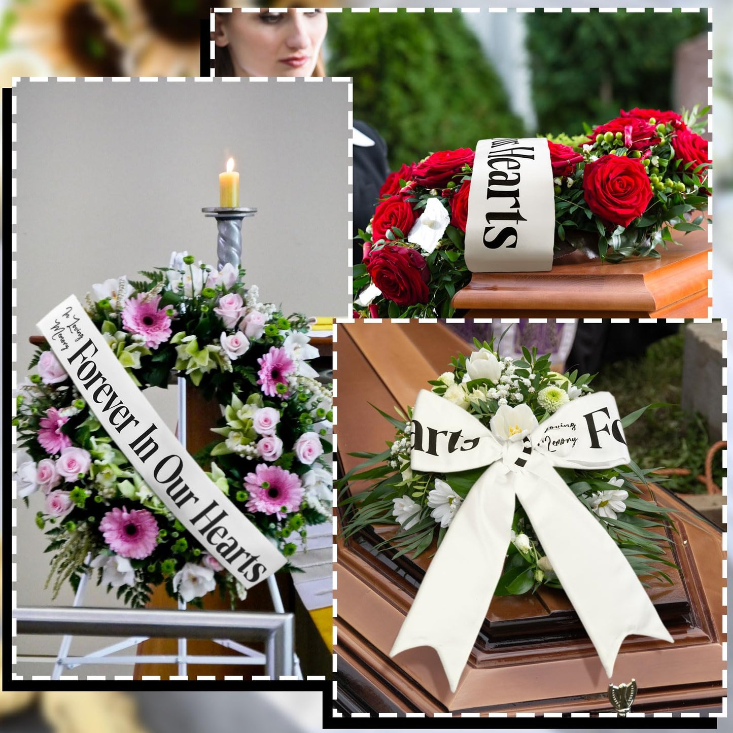 Funeral Sash Memorial Wreath Sash Funeral Ribbon Celebration of Life Ribbon for Casket or Wreath Flowers Memorial Service Honor The Loved Ones Memory 58x4''(White,Forever in Our Hearts)