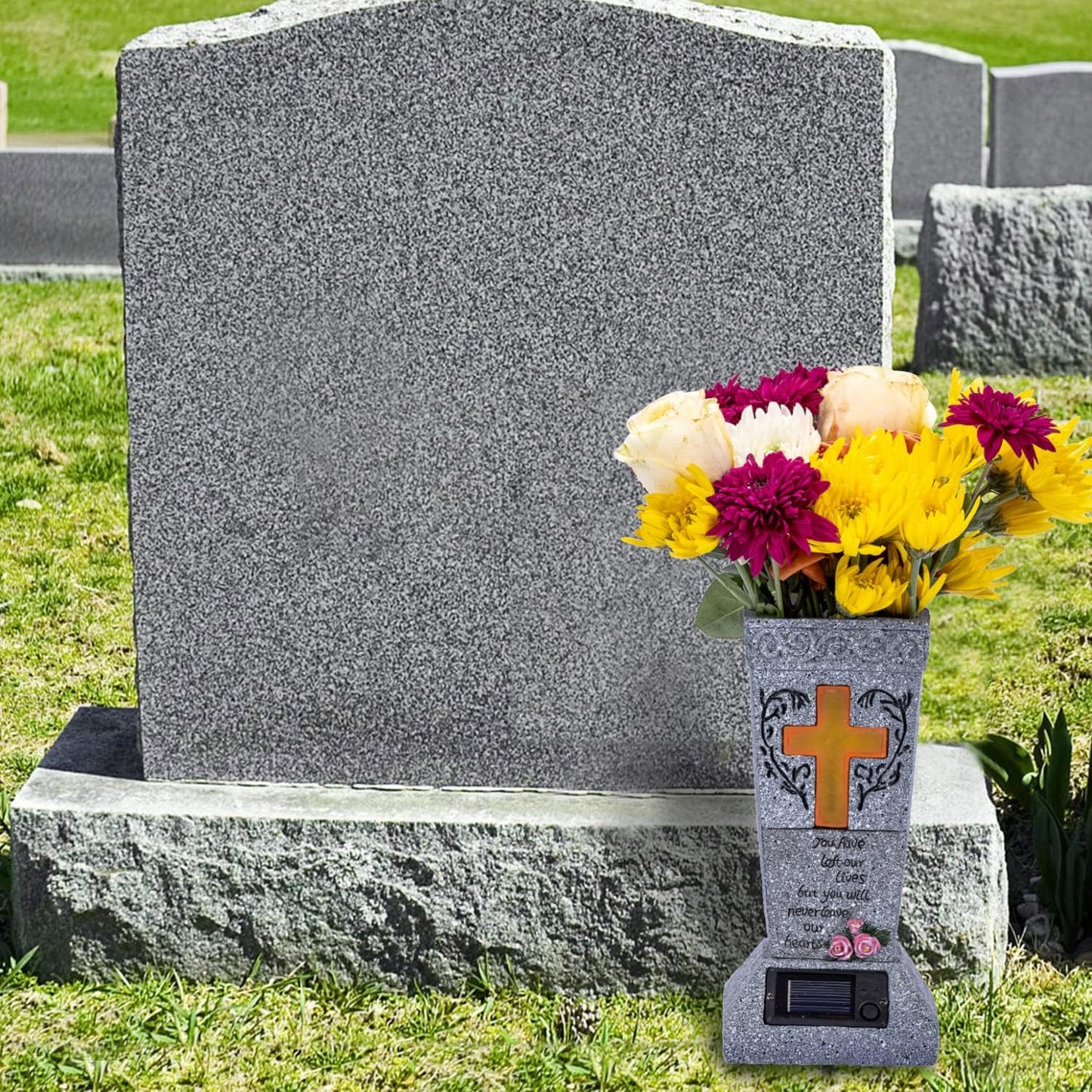 Solar Cemetery Grave Vase with LED for Fresh/Artificial Flowers Headstones Vases with Spikes Gravestone Decor Memorial Gifts for Loss of Loved One