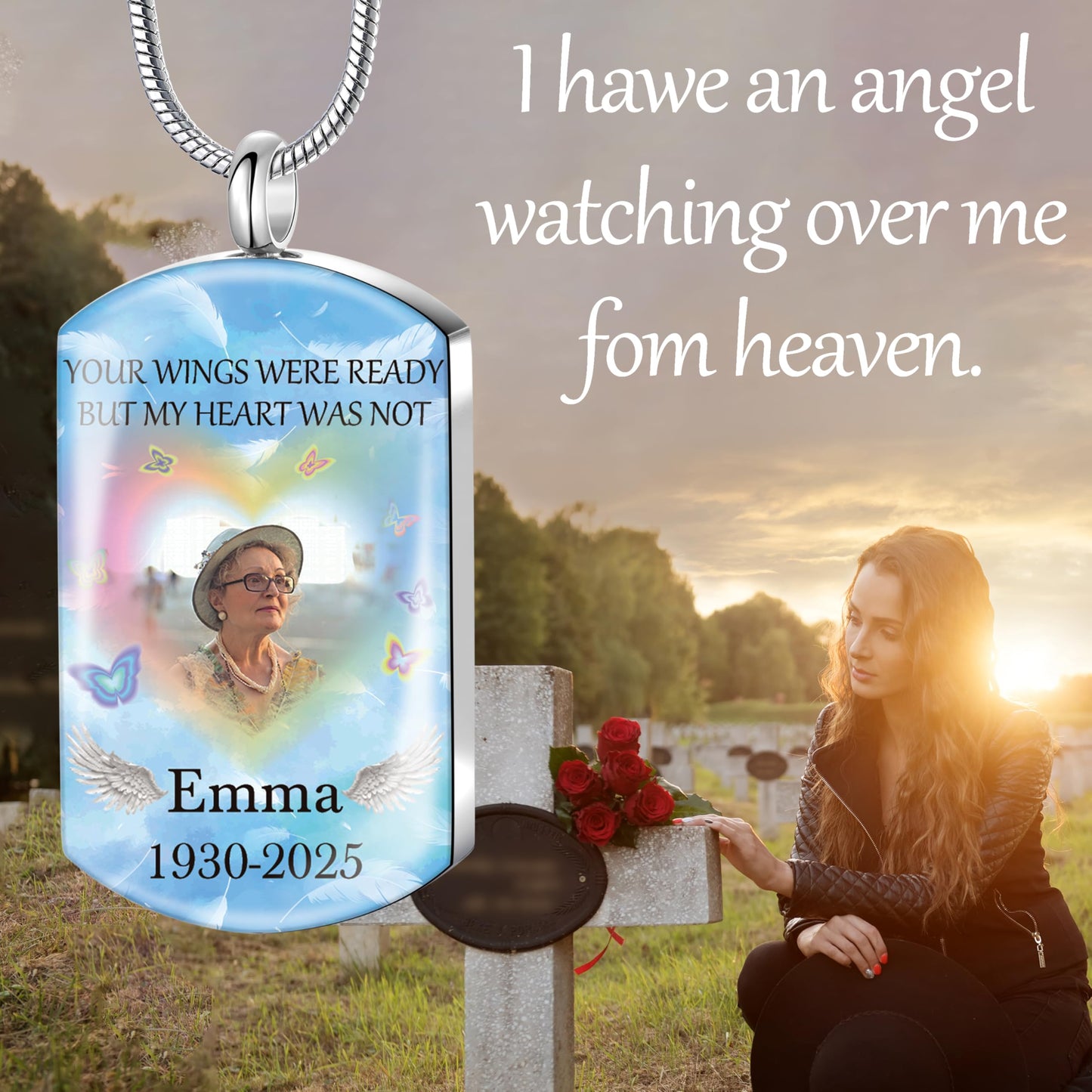 Fanery Sue Personalized Ashes Necklace for Women Men Custom Engraving Photo & Text Cremation Jewelry Urn Necklace for Ashes Memorial Keepsake for Loss Loved One