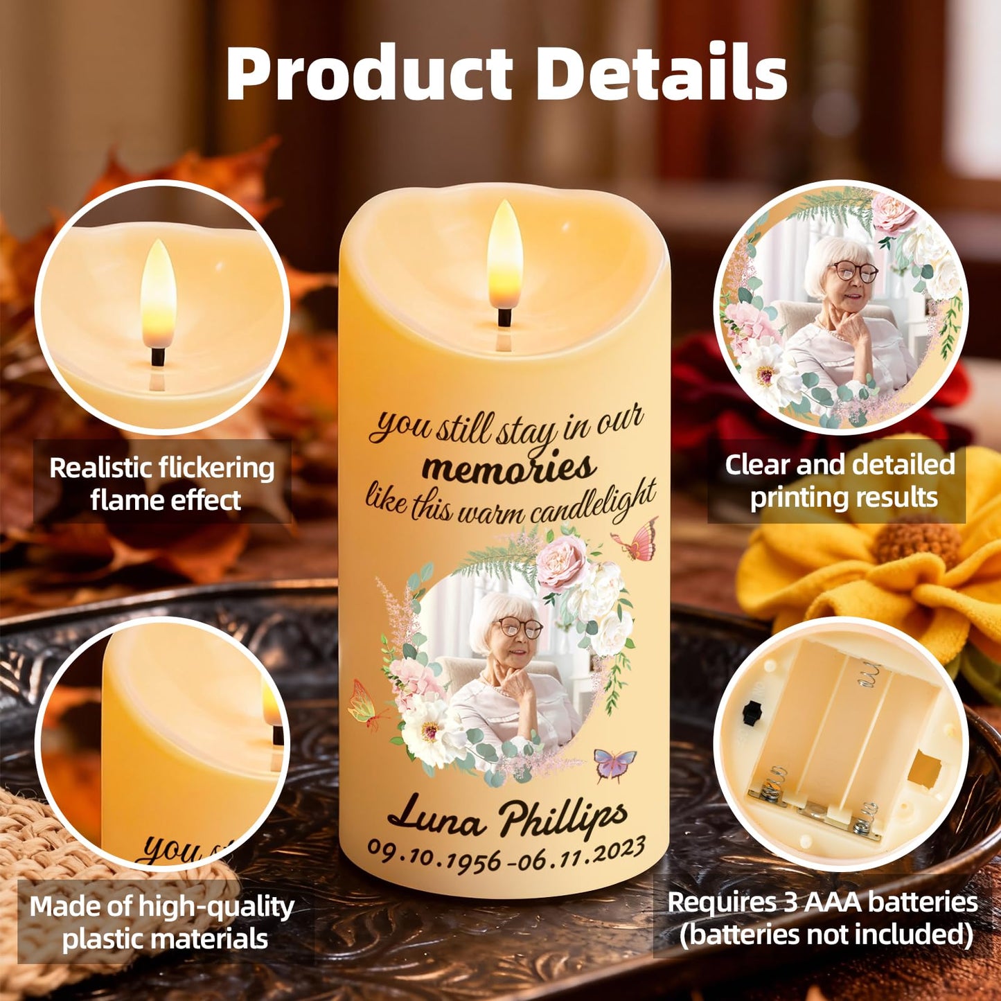 Personalized Memorial Candles for Loss of Loved One, Custom Memorial Flamless LED Candle with Photo Name, Sympathy Gifts for Loss of Mom Dad Deceased