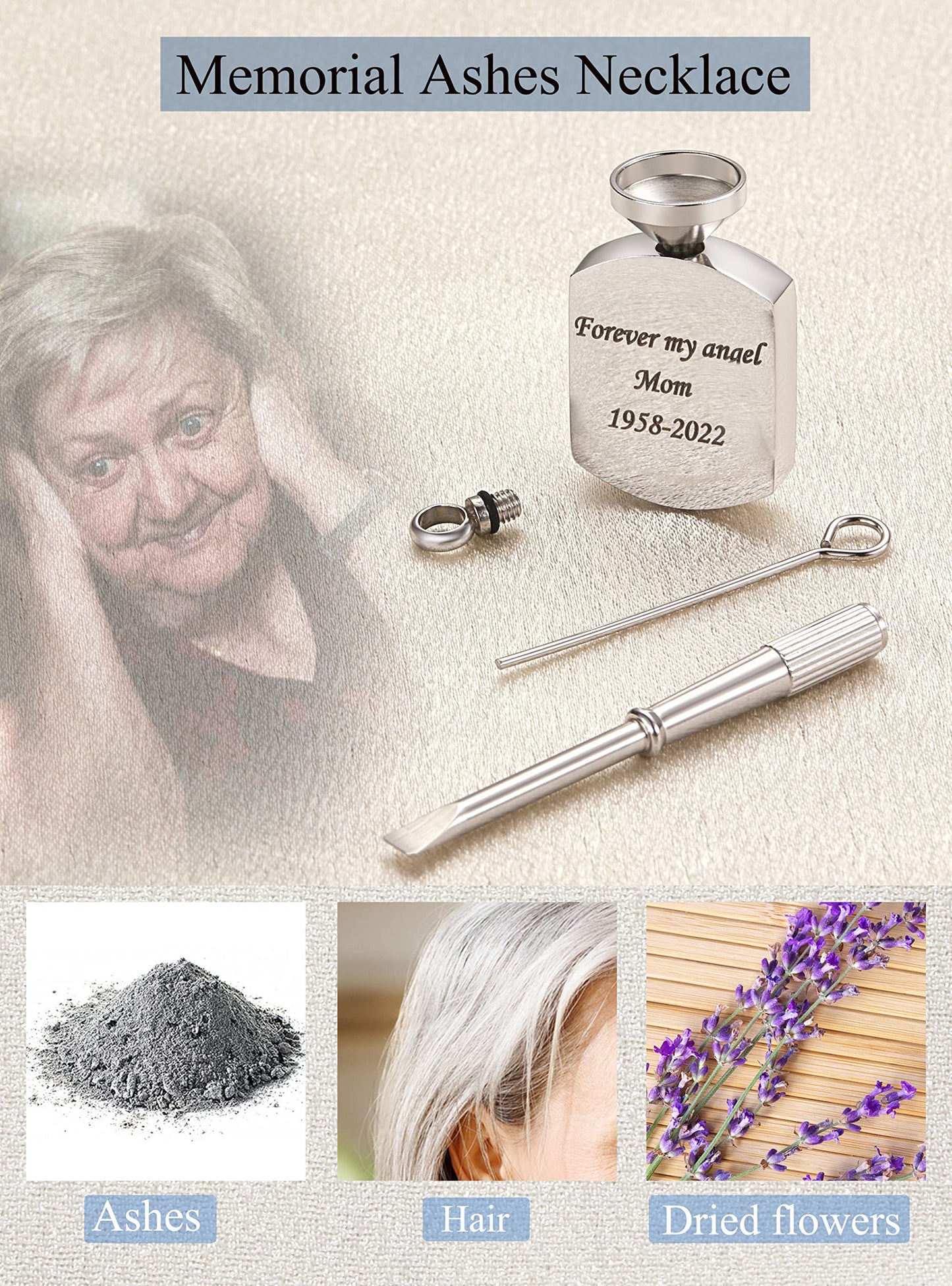 Fanery Sue Personalized Ashes Necklace for Women Men Custom Engraving Photo & Text Cremation Jewelry Urn Necklace for Ashes Memorial Keepsake for Loss Loved One