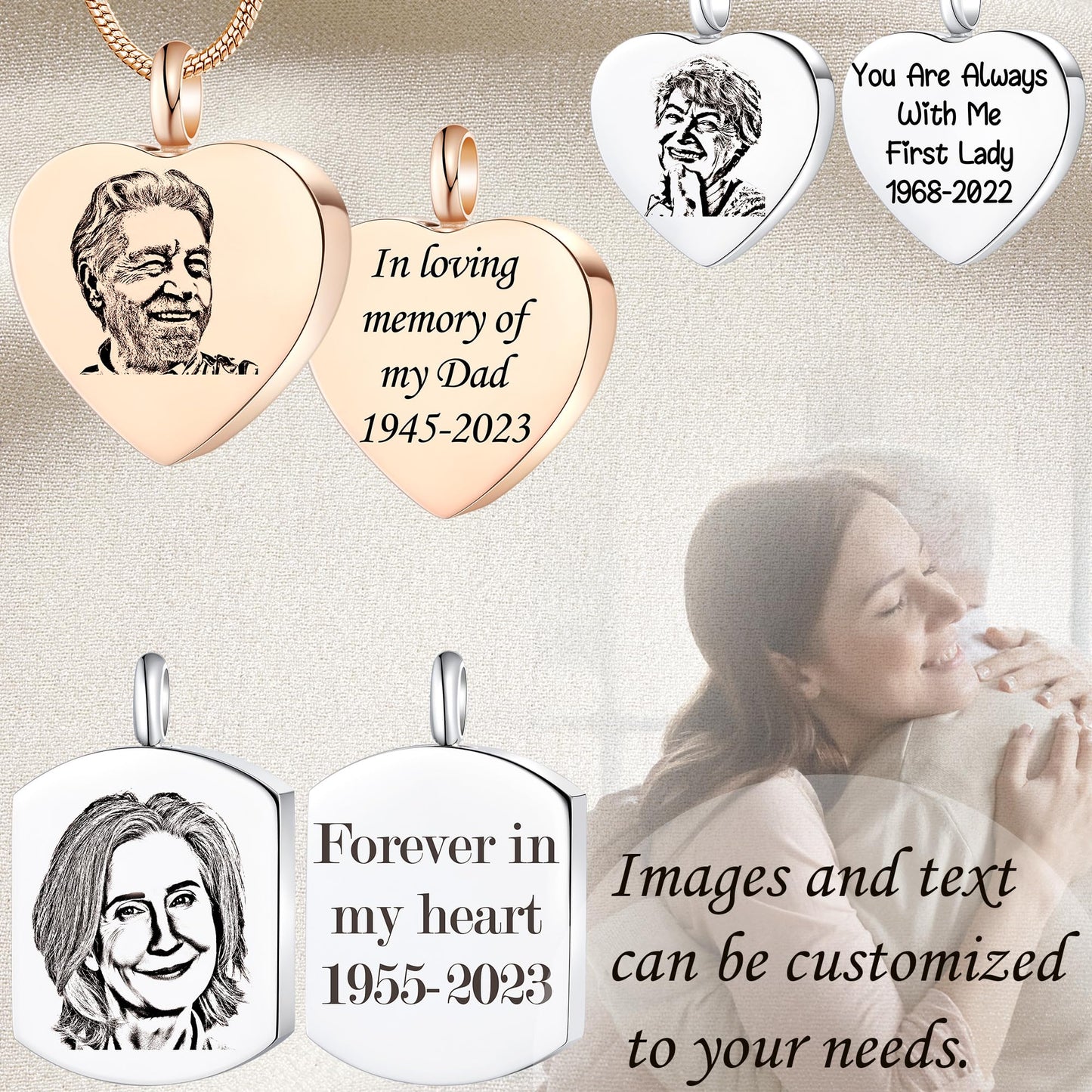 Fanery Sue Personalized Ashes Necklace for Women Men Custom Engraving Photo & Text Cremation Jewelry Urn Necklace for Ashes Memorial Keepsake for Loss Loved One